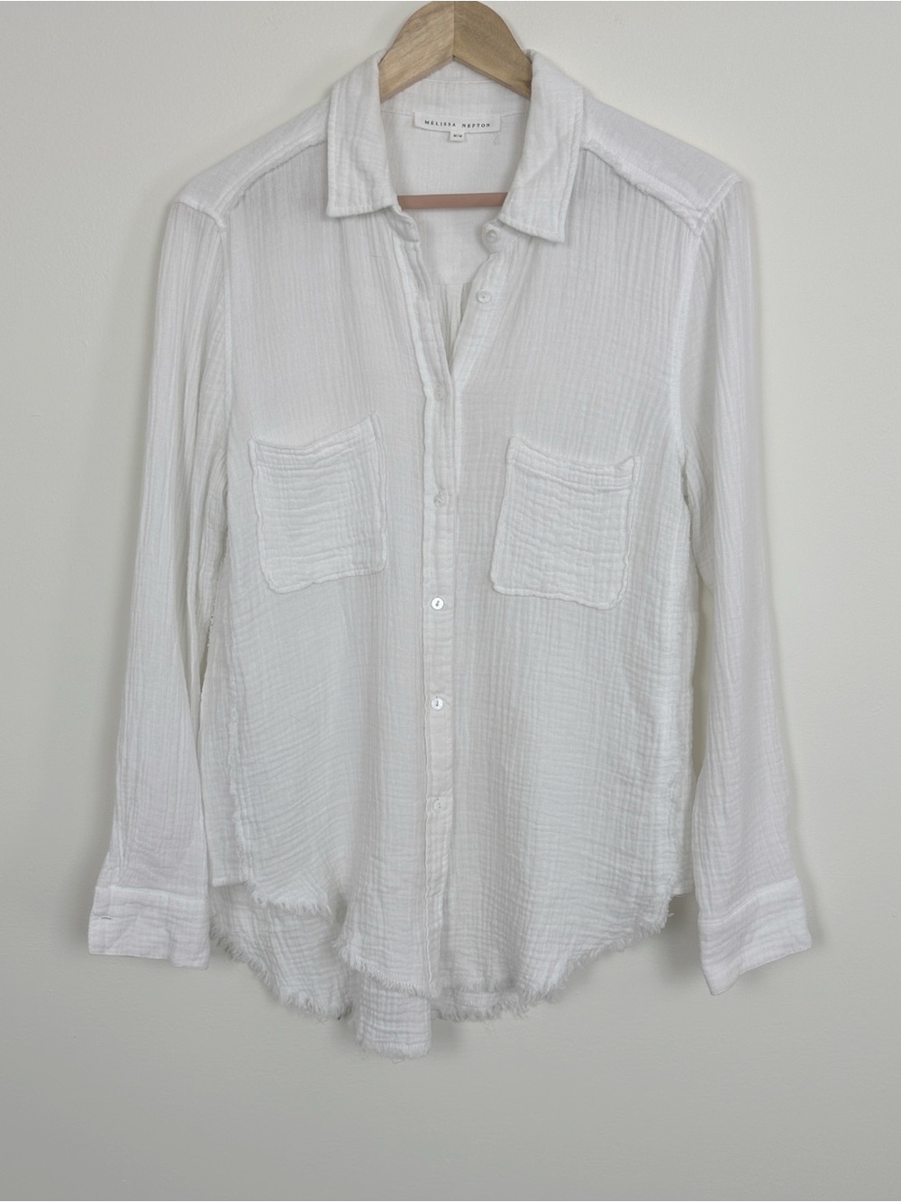 Melissa Nepton White Frayed Hem Button Down Shirt  Coastal Cotton Sz M